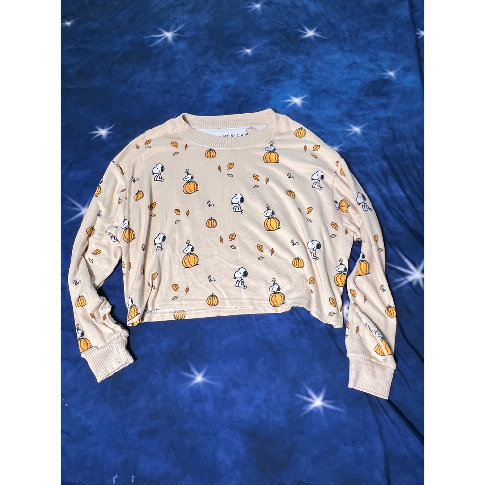 American Eagle Snoopy Peanuts Halloween Crop Sweatshirt Tan Pumpkin Small 2024